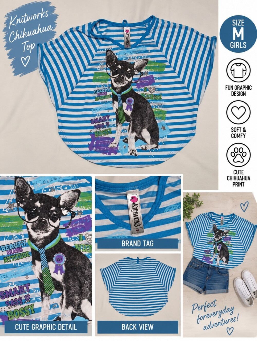 Knitworks girls medium blue striped chihuahua top #18